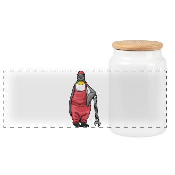 Penguin Mechanic Wrench Workshop - Panoramic Cookie Jar with Wooden Lid - white - Front