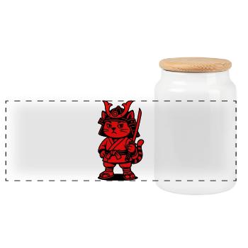 Samurai Cat - Panoramic Cookie Jar with Wooden Lid - white - Front
