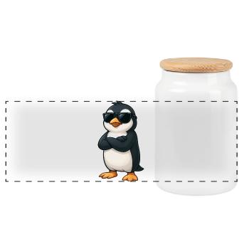 Cool Penguin with Arms Interlaced Gamer Cartoon - Panoramic Cookie Jar with Wooden Lid - white - Front