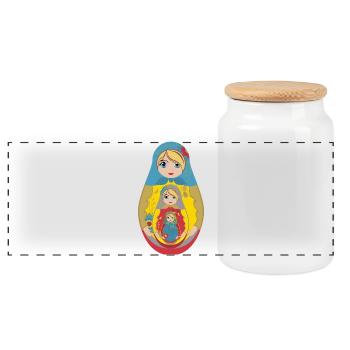 Traditionelle russische Matroschka Puppe - Panorama Keksdose mit Holzdeckel - Weiß - Vorne