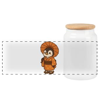 Pingouin élégant avec parapluie en japonais - Boîte à biscuits avec couvercle en bois - blanc - Devant