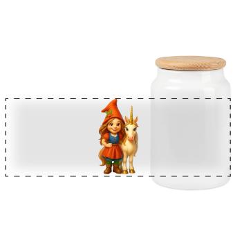 Super süße Zwergin mit Einhorn - Panorama Keksdose mit Holzdeckel - Weiß - Vorne