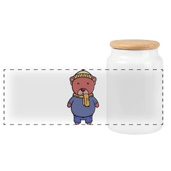 Cozy Bear in Winter Attire - Panoramic Cookie Jar with Wooden Lid - white - Front