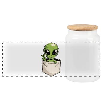 Cute Pocket Alien Peace Sign Cartoon - Panoramic Cookie Jar with Wooden Lid - white - Front