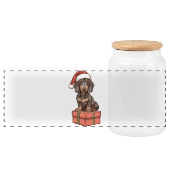 Christmas Dachshund with Gift – Sweet Xmas Motif - Panoramic Cookie Jar with Wooden Lid - white - Front