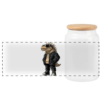 Dinosaur stegosaurus Cool Winter - Panoramic Cookie Jar with Wooden Lid - white - Front