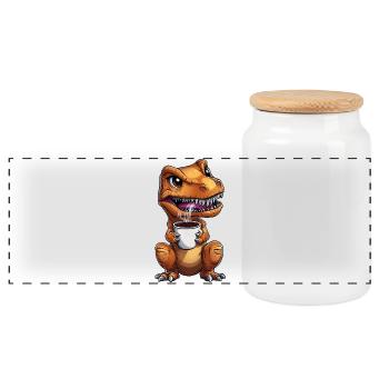 Morgenmuffel T-Rex Dino mit Kaffee :) - Panorama Keksdose mit Holzdeckel - Weiß - Vorne