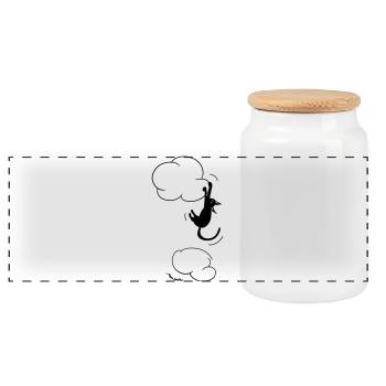 Black Cat hanging on a Cloud.  - Panoramic Cookie Jar with Wooden Lid - white - Front