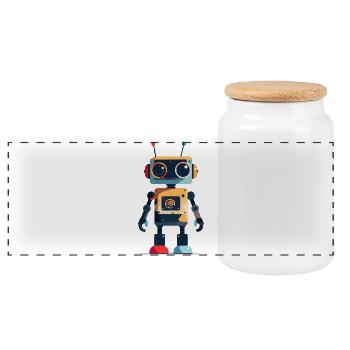 Kleiner Roboter in Spielzeug-Stil Kinder Motiv - Panorama Keksdose mit Holzdeckel - Weiß - Vorne