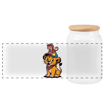 Lion et Singe mignons – Style dessin animé Best Friends - Boîte à biscuits avec couvercle en bois - blanc - Devant