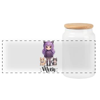 Kawaii Meow Mädchen mit Katzen - Panorama Keksdose mit Holzdeckel - Weiß - Vorne