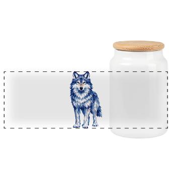 Modernes Polygon-Wolf-Design in Blautönen  - Panorama Keksdose mit Holzdeckel - Weiß - Vorne