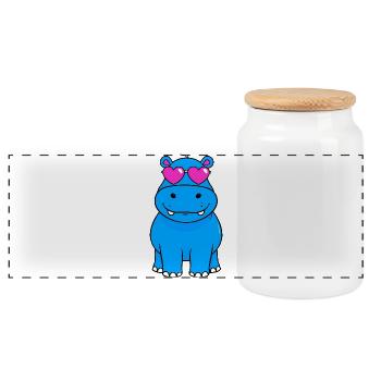 Blue retro hippopotamus with pink glasses - Panoramic Cookie Jar with Wooden Lid - white - Front