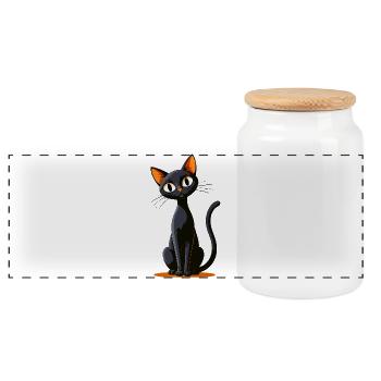 Chat noir de dessin animé avec des oreilles orange - Boîte à biscuits avec couvercle en bois - blanc - Devant