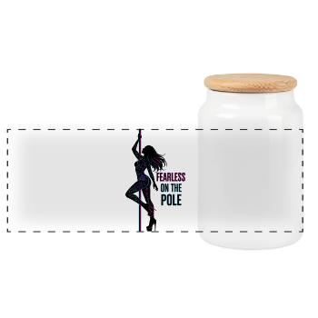 Fearless on the Pole – Neon Line Art Silhouette - Panoramic Cookie Jar with Wooden Lid - white - Front