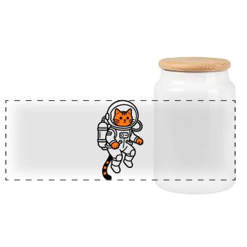 cat in space - Panoramic Cookie Jar with Wooden Lid - white - Front