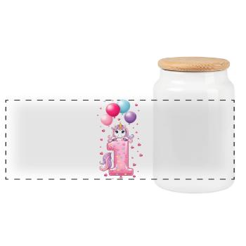 1 Year Girl Cute Unicorn 1st Birthday - Panoramic Cookie Jar with Wooden Lid - white - Front