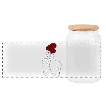 Elegant Womans back Line Art Style - with red hair - Panoramic Cookie Jar with Wooden Lid - white - Front