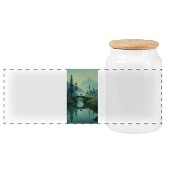 Schwarze Katze an Steinbrücke – Asian Zen Design - Panorama Keksdose mit Holzdeckel - Weiß - Vorne