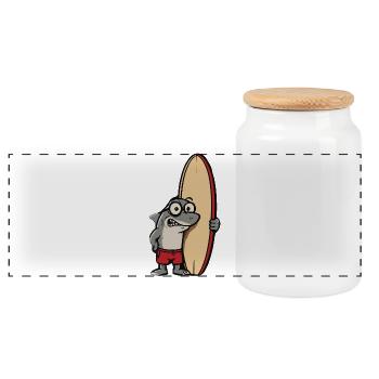 Surfer shark cartoon with surfboard - Panoramic Cookie Jar with Wooden Lid - white - Front