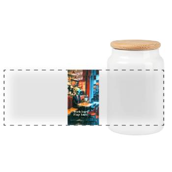 Cat and alien - Panoramic Cookie Jar with Wooden Lid - white - Front