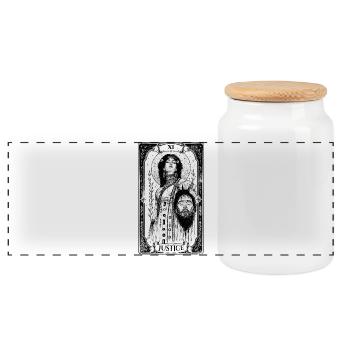 Justice – Judith & Holofernes Tarot Card Sticker - Panoramic Cookie Jar with Wooden Lid - white - Front