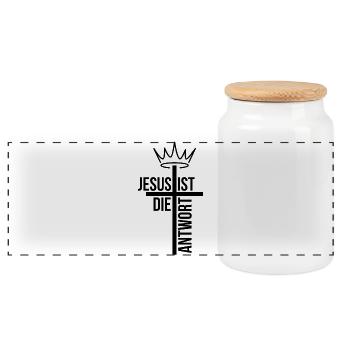 Jesus ist die Antwort – Christliches T-Shirt - Panorama Keksdose mit Holzdeckel - Weiß - Vorne