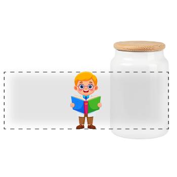 Boy with glasses reading a book – bookworm - Panoramic Cookie Jar with Wooden Lid - white - Front