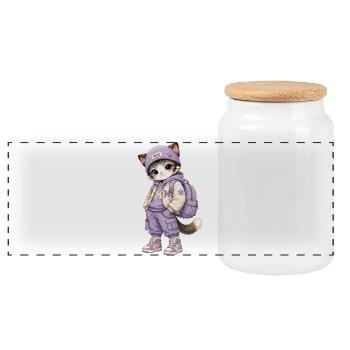 Kawaii-Katze im lila Hoodie - Panorama Keksdose mit Holzdeckel - Weiß - Vorne