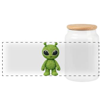 Gestrickter Alien - Panorama Keksdose mit Holzdeckel - Weiß - Vorne