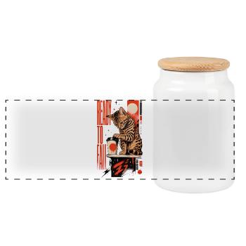 Ready to Fall – Cheeky Bengal Cat - Panoramic Cookie Jar with Wooden Lid - white - Front