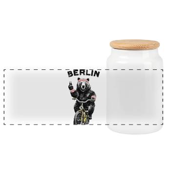 Berlin Bear on Bicycle - Panoramic Cookie Jar with Wooden Lid - white - Front