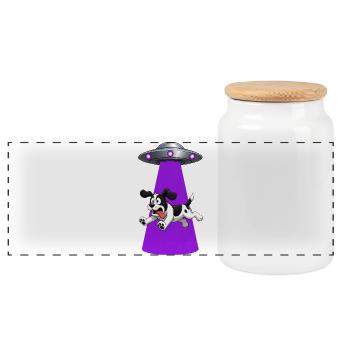 Dog Abducted By Purple UFO Beam - Panoramic Cookie Jar with Wooden Lid - white - Front