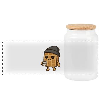 Grumpy Kawaii Waffle - Coffee Beanie Cartoon - Panoramic Cookie Jar with Wooden Lid - white - Front