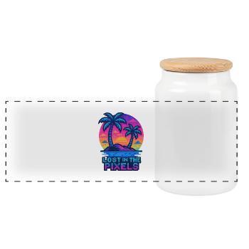 Verpixeltes tropisches Sonnenuntergangsdesign - Panorama Keksdose mit Holzdeckel - Weiß - Vorne
