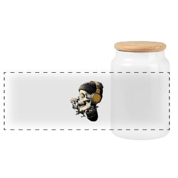 Headphone Skull with Flower - Panoramic Cookie Jar with Wooden Lid - white - Front