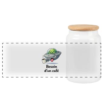 Need a Coffee – Tired Alien and Quirky Humor - Panoramic Cookie Jar with Wooden Lid - white - Front