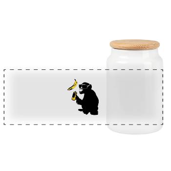 monkey sprayed banana - Panoramic Cookie Jar with Wooden Lid - white - Front