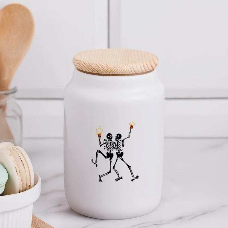 Skeletons doing java Panoramic Cookie Jar with Wooden Lid