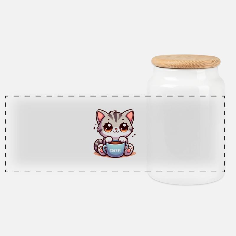 Chat avec tasse à café 4 - Boîte à biscuits avec couvercle en bois - blanc