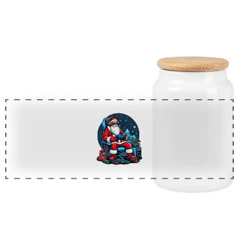 Cool Gaming Santa with Headphones Christmas Art - Panoramic Cookie Jar with Wooden Lid - white - Front