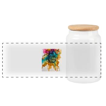 Bunte Inschrift auf AquarellhintergrundBunte Inschrift auf dem Hintergrund - Panorama Keksdose mit Holzdeckel - Weiß - Vorne