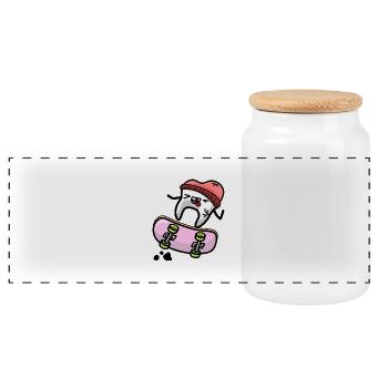 kawaii tooth on skateboard - Panoramic Cookie Jar with Wooden Lid - white - Front
