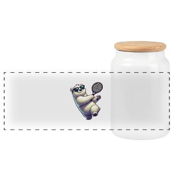 Polar Bear Tennis Player North Pool Cartoon - Panoramic Cookie Jar with Wooden Lid - white - Front