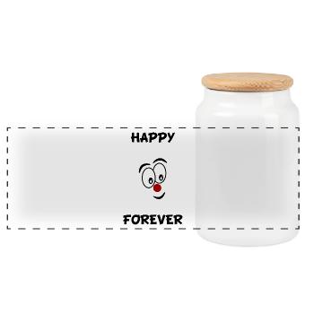 Happy. Happiness. HAPPINESS. Humor - Panoramic Cookie Jar with Wooden Lid - white - Front