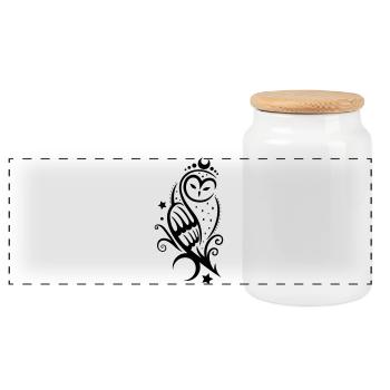 Mond Eule mit Sternen, Tribal Tattoo - Panoramic Cookie Jar with Wooden Lid - white - Front