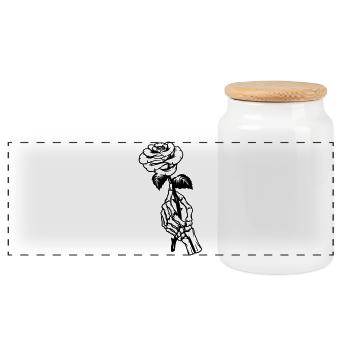 Rose in one hand, illustration, skeleton hand - Panoramic Cookie Jar with Wooden Lid - white - Front