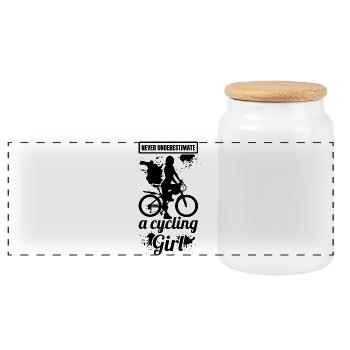 Cyclist Girl - Panoramic Cookie Jar with Wooden Lid - white - Front