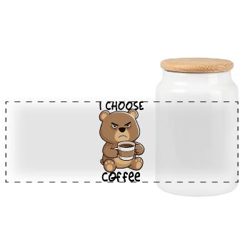Teddy with Coffee Cup – I Choose Coffee Cartoon - Panoramic Cookie Jar with Wooden Lid - white - Front