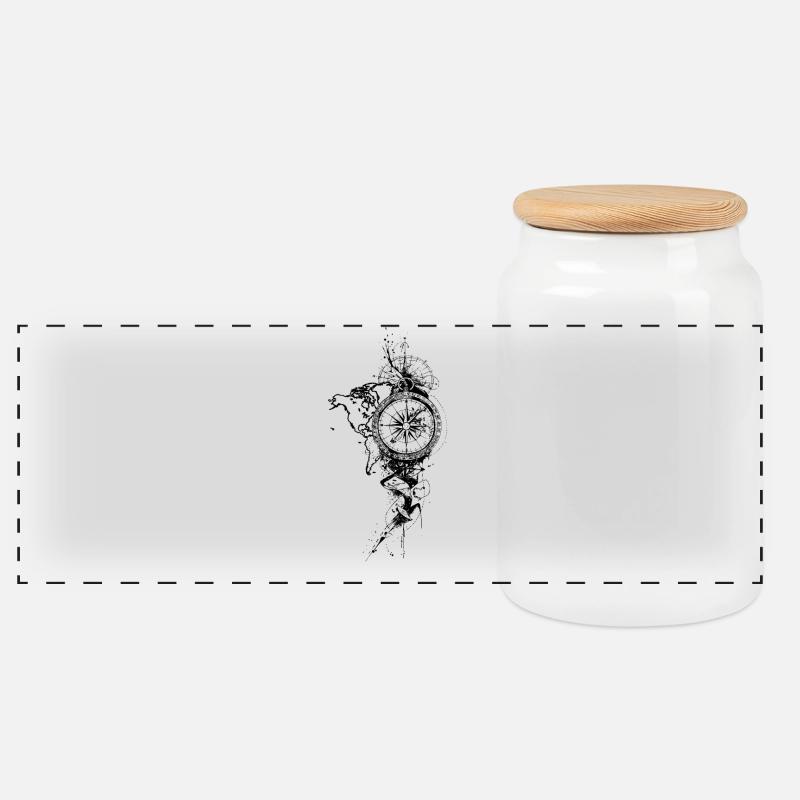 Compass Black Map - Panoramic Cookie Jar with Wooden Lid - white